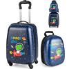 RELAX4LIFE Set Valigia Bambini 2 in 1 Dinosauro Spazio Blu Navy (Trolley16 + Zaino 12) con Ruote 360°, Maniglia Regolabile, Zaino con Piedini | ABS Resistente | Ideale per Viaggi e Scuola