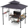 HOMASIS Gazebo per Barbecue con Tettoia Laterale, Pergolato da Giardino con Doppio Tetto, 2 Tavoli e Ganci, Pergola Addossata per Esterno, Gazebo per griglia/BBQ (Grigio Scuro, 242 x 153 x 250 cm)