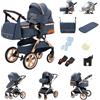 GLOKID passeggino trio 3 in 1, pieghevole, carrozzina reversibile fronte mamma e strada, sistema modulare con carrozzina per neonati, con borsa, zanzariera e parapioggia (PTFGX1 Blu)