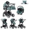 Kakbgee Passeggino 3 in 1 con Seggiolino Auto, Carrozzina Piegevole, 7-Altezza Regolabile, Sospensione 4 Ruote, Copripioggia e Zanzariera, Baby Stroller per Neonati 0-3 Anni (15kg), Blu-Verde