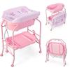 COSTWAY Fasciatoio con Vaschetta Bagnetto 2 in 1, Vasca da Bagno Pieghevole per Bambini, Fasciatoio con Materassino, Cestino Portaoggetti, Ruote con Freno, Portata 35kg+15kg (Rosa)
