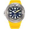 CITIZEN Orologio Promaster Dive Eco-Drive da uomo, datario a 3 lancette, cinturino in poliuretano, certificato ISO, cristallo curvo antiriflesso, cassa e corona a vite, cinturino giallo/quadrante blu,