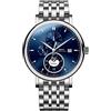 Lobinni Orologio meccanico automatico da uomo in acciaio inossidabile con data orologio da polso impermeabile con cinturino in pelle, Argento-blu-acciaio, Meccanico