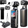 YONDENE Videocamera 5K con microfono esterno, mini videocamera video e audio Vlog con obiettivo girevole a 270°, Pocket Cam per sport, outdoor, equitazione, viaggi, 64 GB inclusa
