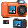 SW FUTURE Fotocamera impermeabile 33FT 4K 65MP Fotocamera subacquea robusta antipolvere antiurto con scheda 64G, fotocamera subacquea per snorkeling Autofocus Selfie Doppio schermo Immersione Sport Floatable