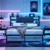 JiaOyu Letto imbottito 140 x 200 cm con illuminazione a LED e porta di ricarica USB, letto matrimoniale in metallo con 2 cassetti, letto per ragazzi con rete a doghe in metallo resistente, nero (tipo