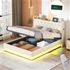 OKMYHOME Letto baule 140 x 200 cm - letto matrimoniale imbottito con LED e USB (3 x USB, 1 x Typ-C) - Testiera con contenitore e 2 tasche laterali - per adulti e adolescenti - senza materasso, lino