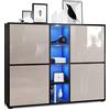 Vladon Credenza Cuba V3, nero opaco/grigio sabbia lucido incl. LED - Credenza moderna con 12 scomparti (130,5 x 105,5 x 35,5 cm)