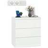 Songvas Cassettiera, largo 70 cm, con 2 prese di corrente e 2 porte USB, comò con 3 cassetti, adatto per camera da letto, soggiorno, studio, ingresso, 70 x 40 x 75 cm, bianco