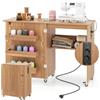 RELAX4LIFE Tavolo da Cucito Pieghevole con Ampio Piano del Tavolo, 3 Vani, Ripiano Portaoggetti,Mobiletto Salvaspazio con Ruote per Ago, Filo e Forbici (Naturale, Con Prese)