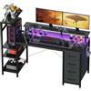 YOUDENOVA Scrivania da gioco, 130 x 50 cm, tavolo da gioco con illuminazione a LED e presa, scrivania per computer con cassetti, fibra di carbonio, colore nero