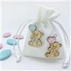 Doni Bomboniere 10 Sacchettini portaconfetti in Juta di Colore Bianco, Applicazione in Legno Orsetto con Palloncino Rosa o Celeste. Bomboniera Perfetta per confettata Nascita, Battesimi Gemelli (MF)