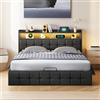 KeepGoon letto matrimoniale con contenitore 140 x 200 cm, letto imbottito con rete a doghe, testiera a LED con funzione USB, letto funzionale, in pelle nera, barra di pressione dell'aria