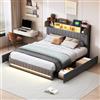 Julyue Letto Contenitore con LED e USB, Letto imbottito con 4 Cassetti e Testiera Contenitore, letto Matrimoniale Moderno per Adulti, Lino (Grigio+Tessuto di lino, 140 x 200CM)