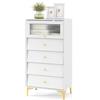 KOMFOTTEU Cassettiera Bianca in Legno, Comò Camera da Letto Moderno con Porta in Vetro e Gambe in Metallo, Mobiletto Cucina con Cassetti Scorrevoli, per Studio, Ingresso, Bianco (Con 4 Cassetti)