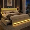 BLSYHDH Letto con cassetta letto 160 x 200 LED USB, letto imbottito con 4 cassetti, testiera con vano portaoggetti, letto matrimoniale imbottito con rete a doghe (beige+lino, 160 x 200 cm)