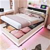 Wyibwy Letto imbottito per bambini 90 x 200 cm,letto singolo con lampade cambiacolori e presa USB,letto contenitore idraulico,testata pieghevole con tasca per cellulare,tessuto di lino, beige