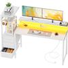 SOLAVERO Scrivania Gaming con LED e Presa, 152cm Scrivania Computer Reversibile con Ripiani & Cassetti in Tessuto, Tavolo Gamer con Supporto per Monitor e Gancio per Cuffie, Bianco