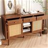 NADEUSAK Credenza 80 x 120 cm, colore noce, cassettiera con 3 cassetti e 3 ante scorrevoli, rete in rattan sul davanti, gambe in legno massiccio, maniglia in metallo dorato, ripiani regolabili