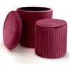 Norbe | TIK-TAK Set 2 Pouf Contenitore Velluto | Poggiapiedi Salotto | Cilindro Impilabile | Sgabello a Coste Camera da Letto | Vinaccia Bordeaux