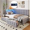 Lubvtti Divano letto singolo 90x200 con porta USB+Type-C e LED,Letto per bambini con 2 cassetti,struttura del letto singolo con rete a doghe,Velluto,senza materasso (Grigio chiaro)