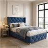 PUGSDRLY Letto 90x200cm con Rete a Doghe, Letto Singolo con Testata Imbottita, Tessuto in Velluto, Design con Rivetti, Piedi in Legno, per Bambini Adolescenti Adulti, senza Materasso, Blu