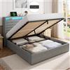 Feonase Letto 140 x 200 cm, con vano portaoggetti, letto imbottito 140 x 200 cm, con illuminazione a LED e stazione di ricarica, struttura del letto con testiera idraulica e in lino, rete a doghe
