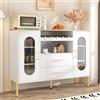 OLIVIBED Credenza con frontali in vetro e scaffale per vino, moderna credenza con cassetti e porte, credenza con maniglie e gambe, per cucina, sala da pranzo, bianco, 120 x 38 x 90 cm