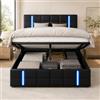 BLSYHDH - Letto baule 160 x 200 cm, letto imbottito a LED con sistema idraulico e cassapanca, letto matrimoniale con contenitore, con testiera e rete a doghe, (Nero+PU)