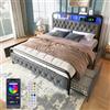 Autheria Letto Matrimoniale con Contenitore 140x200 cm LED e USB Type C e Controllo APP, Testiera a Una Piazza e Mezza con 4 Cassetti, Letto Contenitore con Rete a Doghe in Metallo, Struttura Letto