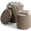 Norbe | TIK-TAK Set 2 Pouf Contenitore in Velluto | Poggiapiedi Salotto | Cilindro Impilabile | Sgabello a Coste per Camera da Letto | Colore Tortora