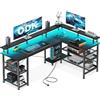 ODK Scrivania Gaming con LED, Scrivania d'Angolo Reversibile con 2 Prese e 2 Porte USB, Grande Scrivania Gaming Angolare con Ripiano in Rete, Nero 150×102 cm