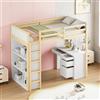 Azkoeesy Letto a Soppalco 90x200 cm Salvaspazio per Adolescenti e Adulti, con Scrivania PC and drawers, Scaffali Ripiani, Struttura Robusta Sicura, Arredamento Pratico Camera Ragazzi (Bianco+natural)