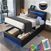 Autheria Letto Singolo con Contenitore 90x190 cm con LED e USB (Supportato Senza Fili), Letto Contenitore imbottito con Testiera e vano portaoggetti e rete a doghe, Struttura Singolo