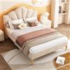 Goldicoo Letto imbottito in velluto, 140 x 190 cm, letto matrimoniale a conchiglia, testiera regolabile, rete a doghe in legno, piedini in metallo dorato, beige