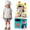HOMASIS Set Cucina Giocattolo con 54 Pezzi, Gioco da Cucina con Luci e Suoni Realistici, Simulatore di Fornelli con Spruzzo e Lavello con Acqua Automatica, per Bambini dai 3+ Anni (Blu)