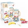 Speedy Monkey Frullatore giocattolo in legno, include coperchio in legno, coltello, tazza, cannuccia e pezzi di frutta, accessori da cucina per bambini, cucina giocattolo per bambini