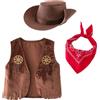 Generico Vestito Costume Set da Cowboy Bambino con Bandana Rossa, Marrone Gilet e Cappello 3 Pezzi Festa Halloween Natale Carnevale Cosplay Cowboy Accessori per Bambini 18mesi - 11anni