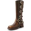 ERICAT Cintura con Fibbia Stivali Cavaliere Tacco Spesso Testa Quadrata Stivali Cowboy Occidentale retrò Donna Autunno e Inverno Stivali Alti in Pelle Morbida Stivali Biker Casual