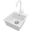 PRIMAGRAN Lavandino da Cucina Bianco 38x44cm, Lavello in Granito a 1 vasca + Rubinetto 32x20cm + Set di accessori, Lavabo da Cucina Incasso al Mobile 40cm - Riga Easy S013