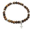 Generic Bracciale uomo con perle in occhio di tigre da 6mm e croce in acciaio