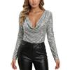 YOSUWOAI Body da donna, sexy, elegante, a maniche lunghe, con paillettes, body da donna, per feste, clubwear, O argento, M