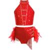 Mufeng Completo Danza Classica Moderna Bambina Halter Crop Top da Ballo Jazz Hip Hop Canotta con Paillettes + Piume Gonna Abito da Pattinaggio Artistico Giallo A 13-14 Anni