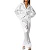 Owegvia Pigiama lungo da donna in raso di seta, decorazione con piume, maniche lunghe, colletto con risvolto e pantaloni, bianco, M
