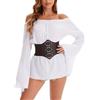 IMEKIS Camicia da donna rinascimentale medievale con maniche a tromba gotica vittoriana con corsetto in vita, cintura pirata Halloween, bianco-marrone, XS