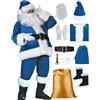 Generico 10 Pezzi Costume da Babbo Natale per Uomo Set per Costume Babbo Natale con Casacca Pantaloni Cintura Cappello Copristivali Barba E Borsa di Regalo Festa A Tema (Blue-c, XL)