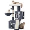 Hzuaneri Albero per Gatti Alto 98 cm, Tiragraffi per Gatti, con 3 Pali Graffiatoi, Posatoi, 2 Grotte, Cesto, 3 Pompon, in Peluche a più Livelli per Interno, Grigio Scuro MS10118SG