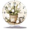 Geroclonup Home Decor Orologio da parete a secchiello con tulipani bianchi Hello Spring 25 cm Orologio da parete rotondo a batteria silenzioso shabby chic decorazione da parete per soggiorno cucina