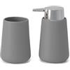 Inbagno Set Accessori Bagno 2 Pezzi In Ceramica Grigia E Cromo - Dispenser Sapone 280 ml E Portaspazzolini Design Tondo Antibatterico - Linea Sidney