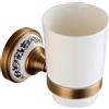 PEONYBATH Portaspazzolino da denti in ottone bronzo antico con bicchiere in ceramica bianca, accessori da bagno a parete, design in porcellana